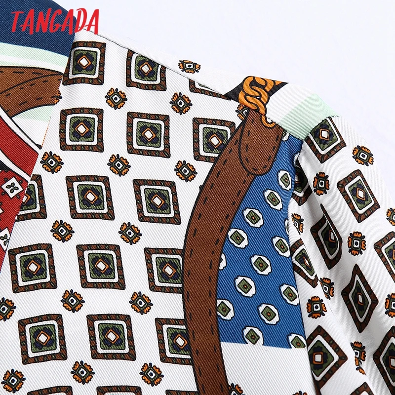 Tangada 2020 Chic Mode Kvinder Kæde Print Plisserede Shirt Kjole Vintage Lange Ærmer Knapper Kvindelige Korte Kjoler BE338