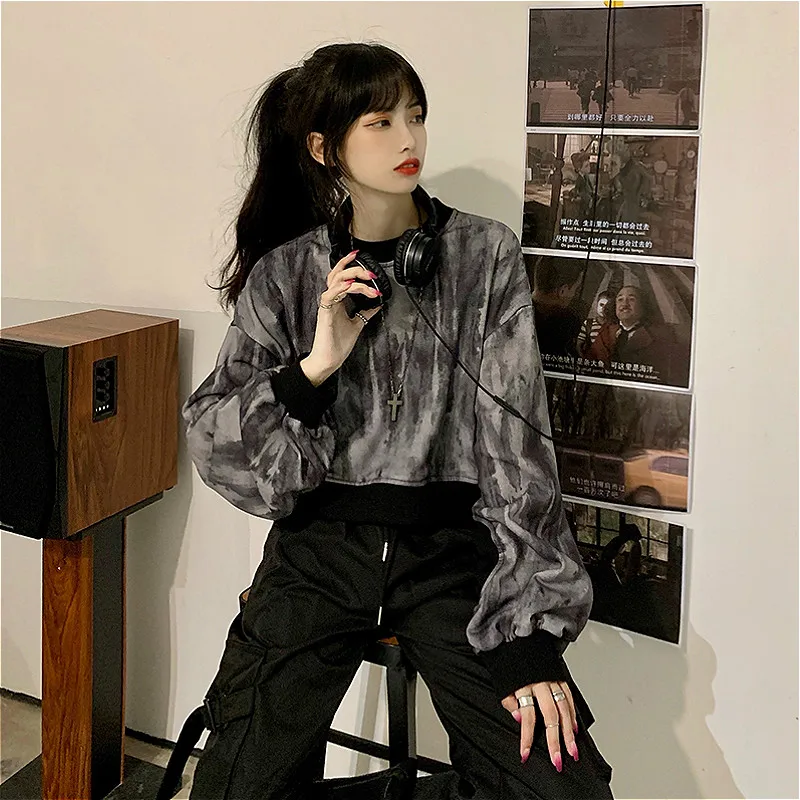 Beskåret Sweatshirt Kvinder Casual koreansk Stil Foråret 2020 Nye Tie Dye Black Soft Løs Alle-match Teens Piger Trendy Tøj Ins
