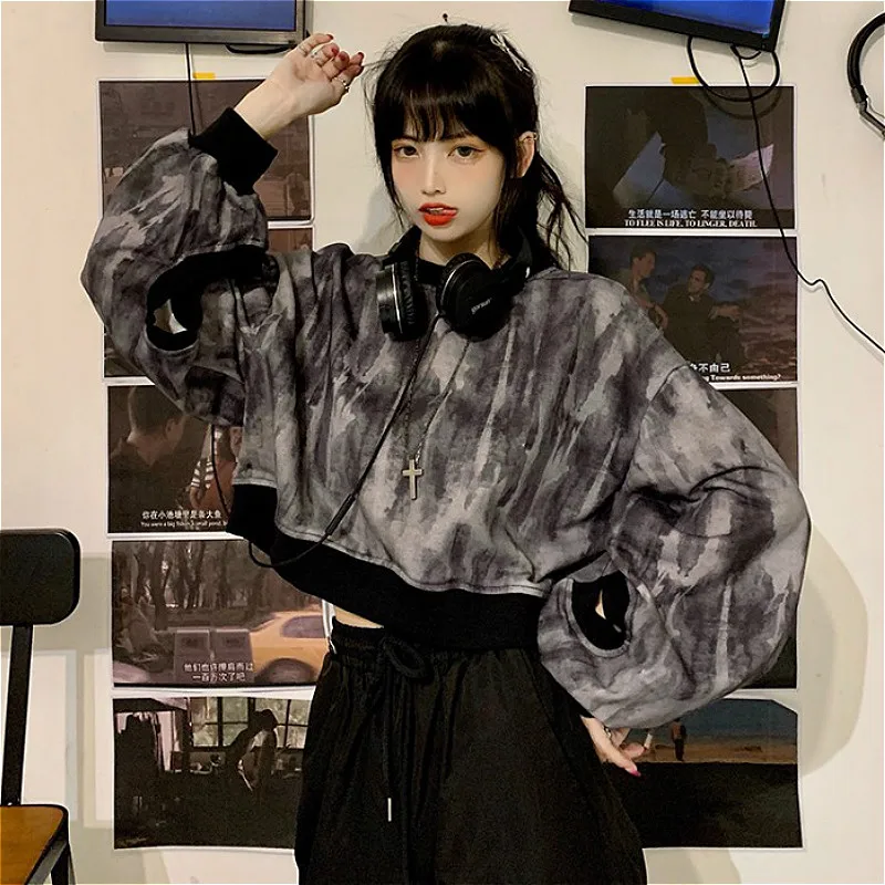 Beskåret Sweatshirt Kvinder Casual koreansk Stil Foråret 2020 Nye Tie Dye Black Soft Løs Alle-match Teens Piger Trendy Tøj Ins