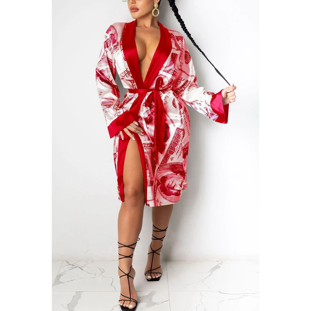 Sexet Kvinders Satin Kjole Trendy Dollar Udskrive Lange Ærmer V-Hals Silke Kimono, Morgenkåbe Nattøj med Bælte