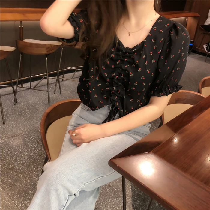 Sommer Afgrøde Korte Toppe Kvinde Korte Ærmer Casual Koreanske Japan Style Tøj Design Butterfly Top Vintage Bluse Shirt 5024