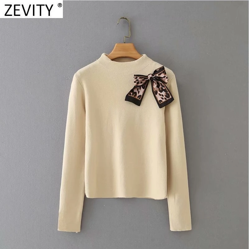 Zevity Nye 2021 Kvinder Mode Leopard Bue Dekoration Lange Ærmer Strik Sweater Kvindelige Smarte Solid Pullovere Toppe S645