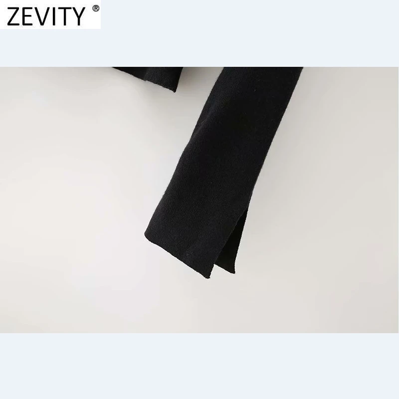 Zevity Nye 2021 Kvinder Mode Leopard Bue Dekoration Lange Ærmer Strik Sweater Kvindelige Smarte Solid Pullovere Toppe S645