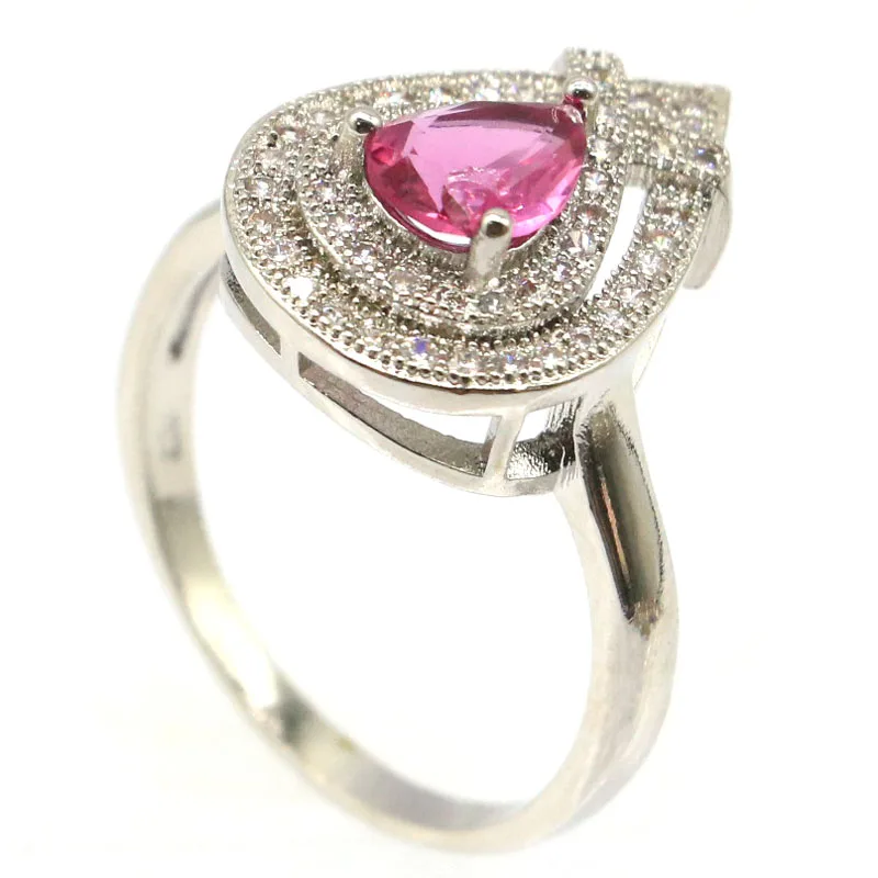 19x14mm Elegante Skabt Pink Turmalin Hvid CZ Damer Part Sølv Ringe