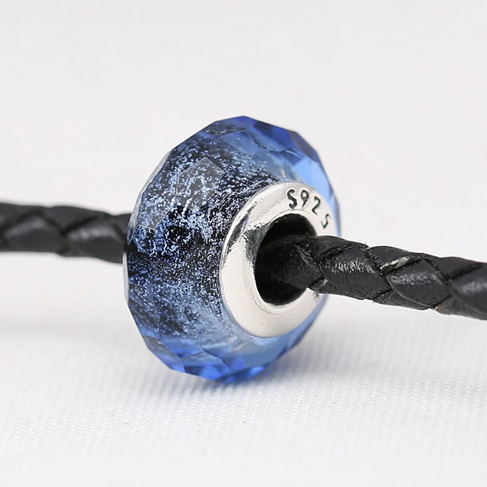 Ægte 925 Sterling Sølv Perle Skinne Sort Blå Murano Glas Perler For Oprindelige Pandora Armbånd & Armbånd Smykker