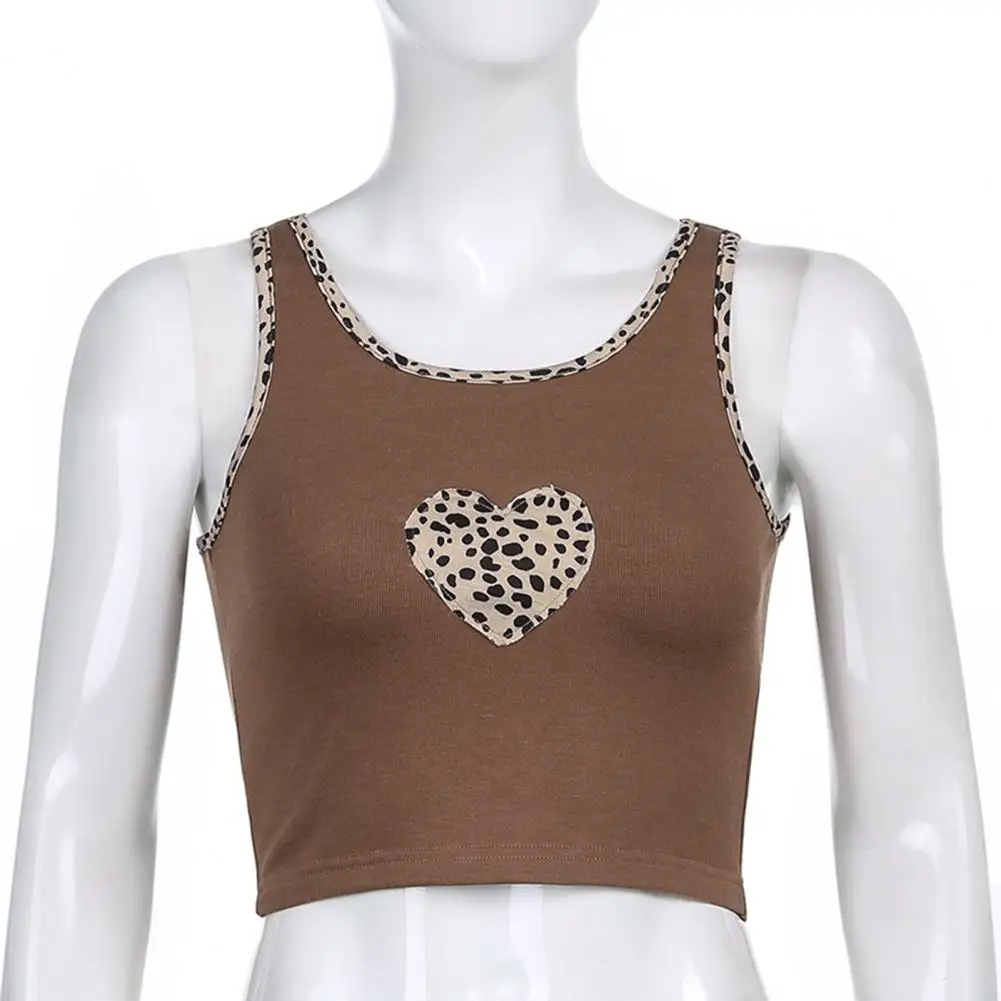 Patchwork Brun Søde Toppe Kvinder Leopard Hjertet Patches Vintage Søde Tøj uden Ærmer Sexet Y2K Tank Top Kvinde Shirts