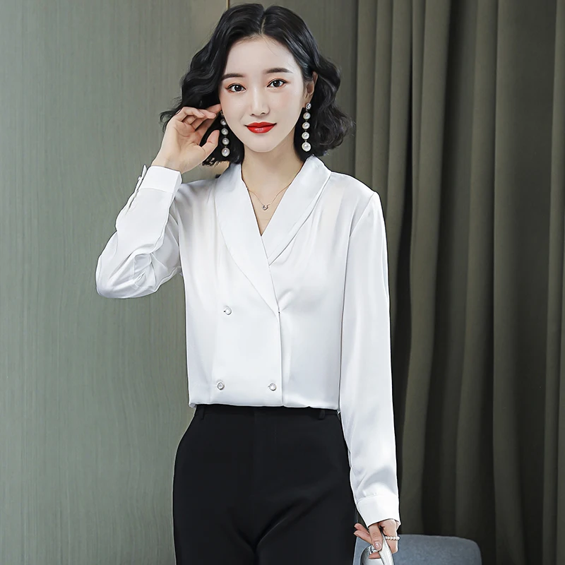 Koreanere Silke Kvinder Kvinder Bluser Med Lange Ærmer Shirts Kvinde Sain Silke Bluse Toppe Plus Size Blusas Mujer De Moda 2020 Verano Shirt