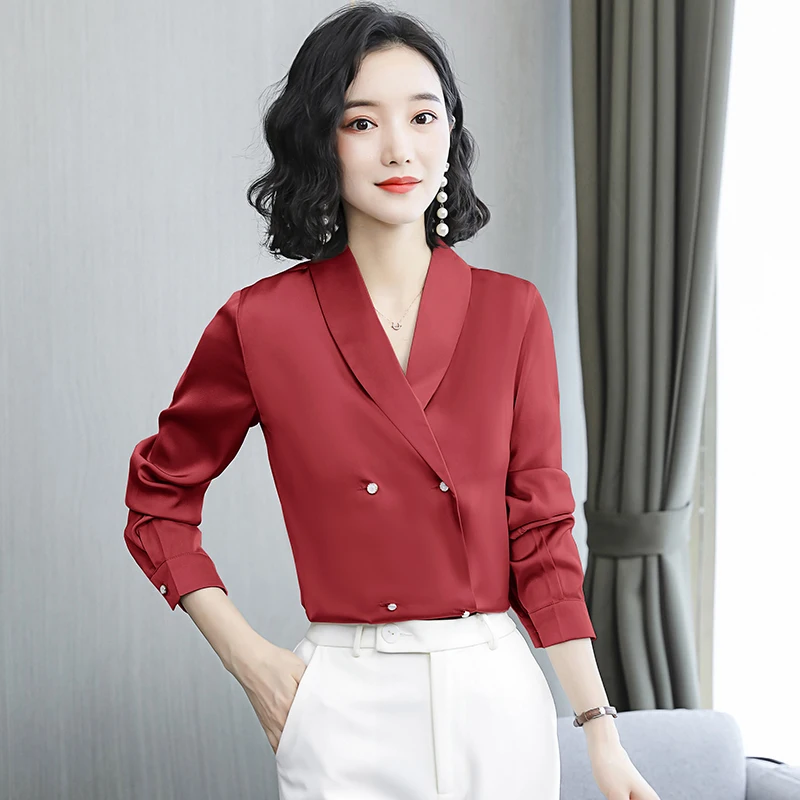 Koreanere Silke Kvinder Kvinder Bluser Med Lange Ærmer Shirts Kvinde Sain Silke Bluse Toppe Plus Size Blusas Mujer De Moda 2020 Verano Shirt