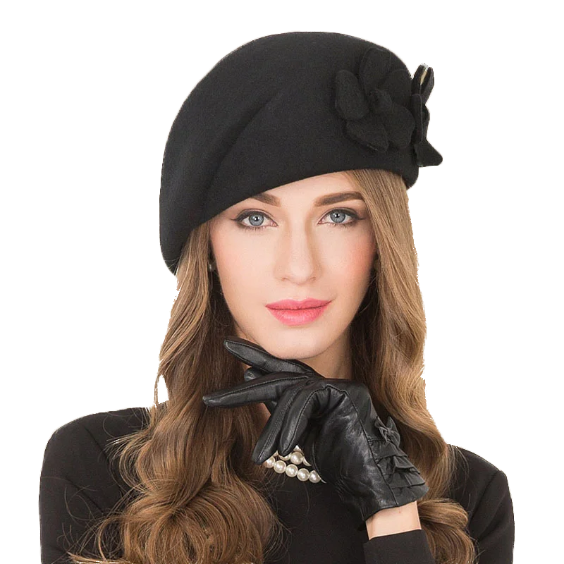 Kvindelige Uld Flower Black Fedora Hat England Style Vintage Vinteren Kvinder Følte Fransk Beret Hatte Knogle Feminino
