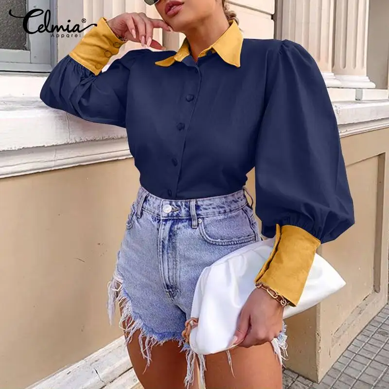 Celmia Kvinder Smarte Tunika Toppe 2021 Efteråret Puff Ærmer Farve Patchwork Mode Bluser Elegante OL Dame Shirts, Casual Solid Blusas