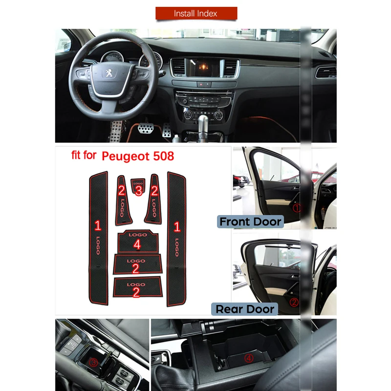 Anti-Slip Gummi Gate Slot Cup Mat For Peugeot 508 508sw 508RXH 2011 2012 2013 2016 2017 2018 Døren Groove Mat