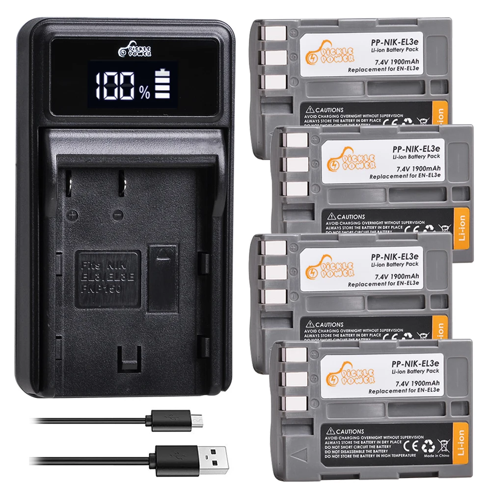 1900mAh EN-EL3E DA EL3e-Batteri + LED Oplader forfor Nikon D50 D70 D80, D90 D100 D200, D300 D700 D300S