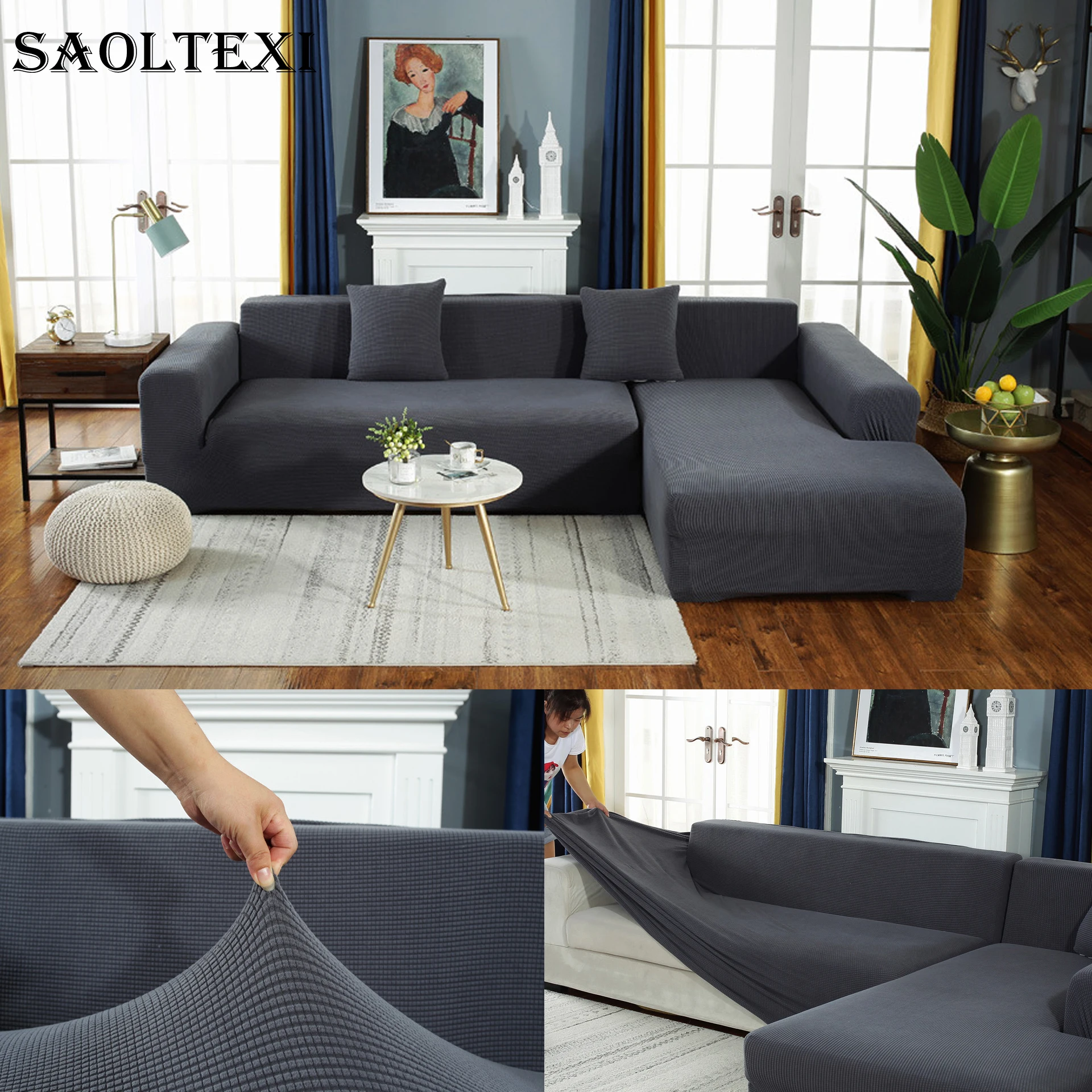 Saoltexi Plys Fabirc Elastisk Sofa Dække Solid L Form Sofa Dækker Fløjl til Stue Strække Slipcover Sofaen Dække XX01#