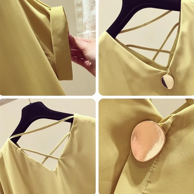 Sommeren koreanske Solid V-hals Chiffon Blouse Kvinder Blusas Mujer De Moda 2021 Kort Ærme t-Shirts til Kvinder OL Tøj Blusa 9306 50
