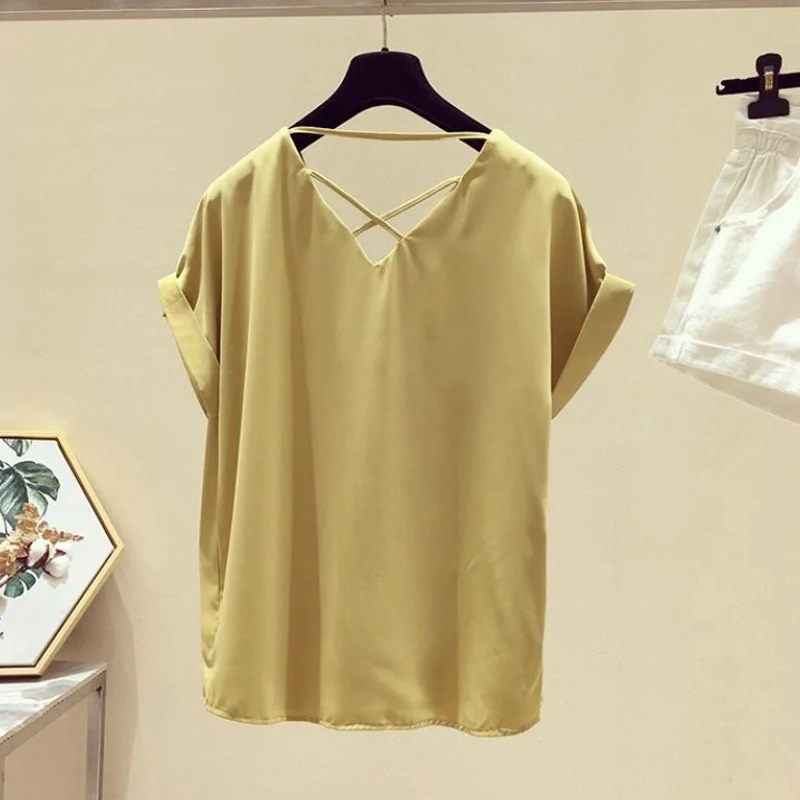 Sommeren koreanske Solid V-hals Chiffon Blouse Kvinder Blusas Mujer De Moda 2021 Kort Ærme t-Shirts til Kvinder OL Tøj Blusa 9306 50