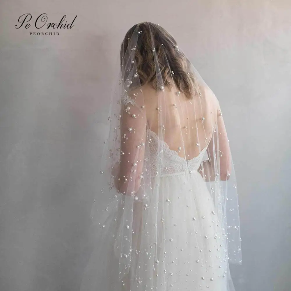PEORCHID 2020 Ny 2-Lags Perle Slør Korte Hvide Brude Slør Tyl Romantisk Beaded Bryllup Slør Med Kam Acessorio De Noiva