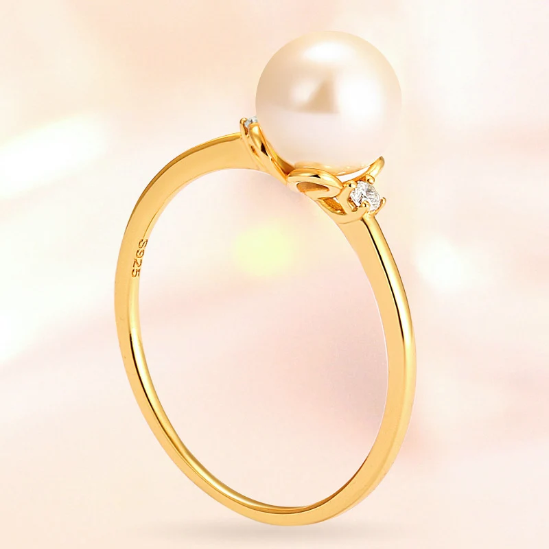 OEVAS Massiv 925 Sterling Sølv Perle Ring For Kvinder Guld Farve Enkel Og Elegant Luksus Oprindelige Charme Damer Fine Smykker