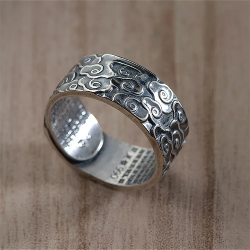 V. Real YA 990 Sterling Sølv Ring for Kvinder, Mænd Retro Cloud Buddhismen prajnaparamita hjerte sutra Ringe Sølv Smykker