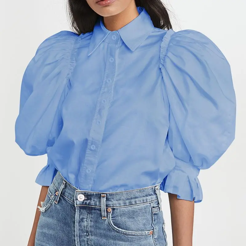 Mode Tunika Shirts Kvinder Elegante Kontor Arbejde Bluse Casual Puff Ærmer Revers Hals Blusas Solid Toppe Feminina Plus Størrelse