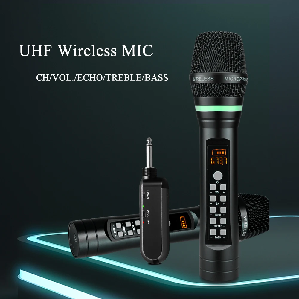 På Lager Genopladelige UHF Portable Wireless Karaoke Mikrofon Micro Echo Diskant Bas 50 Kanal med Receicer Hjem Mikrofoner