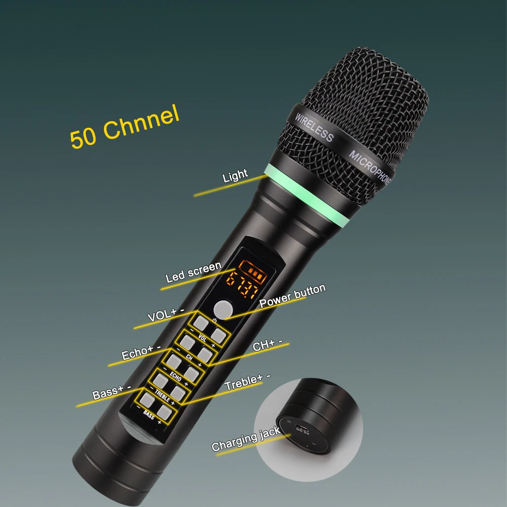 På Lager Genopladelige UHF Portable Wireless Karaoke Mikrofon Micro Echo Diskant Bas 50 Kanal med Receicer Hjem Mikrofoner