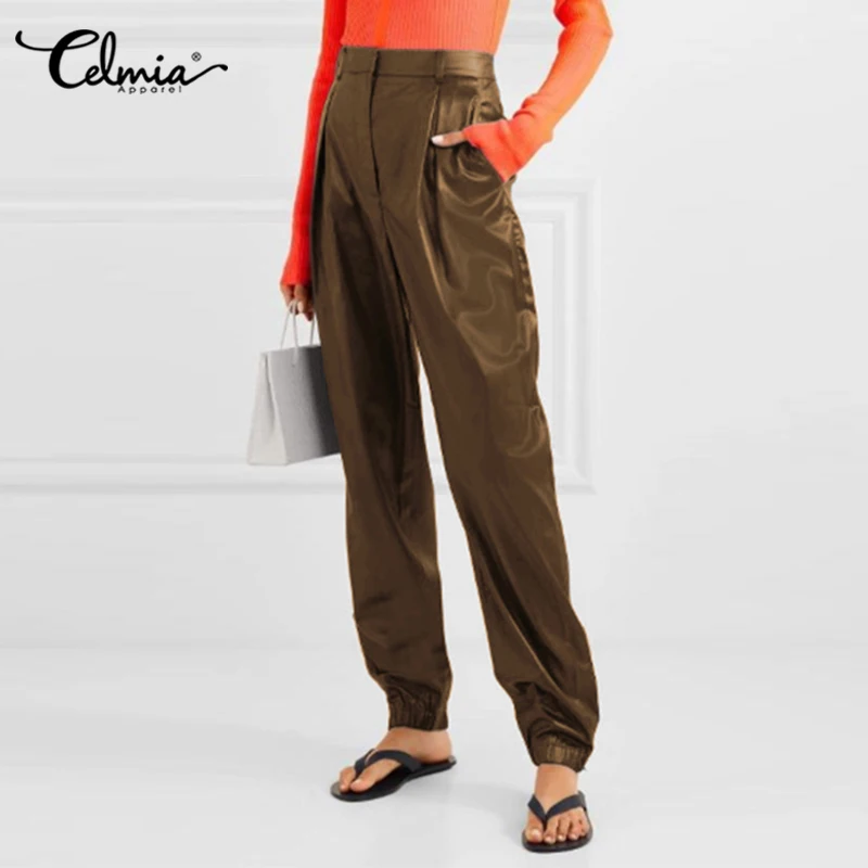 Celmia Læder Bukser, Mode Kvinder Lange Bukser Solid Høj Talje Passer til Bukser til Damer, Afslappet, Kontor PU Læder Bukser Plus Size Bukser