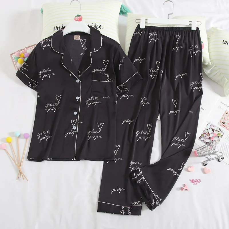 Fiklyc undertøj korte ærmer til kvinder brev print kausale pyjamas sæt sort hvid & rød tre farve vælger foråret pijamas sæt