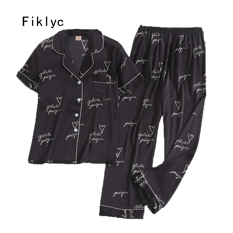 Fiklyc undertøj korte ærmer til kvinder brev print kausale pyjamas sæt sort hvid & rød tre farve vælger foråret pijamas sæt