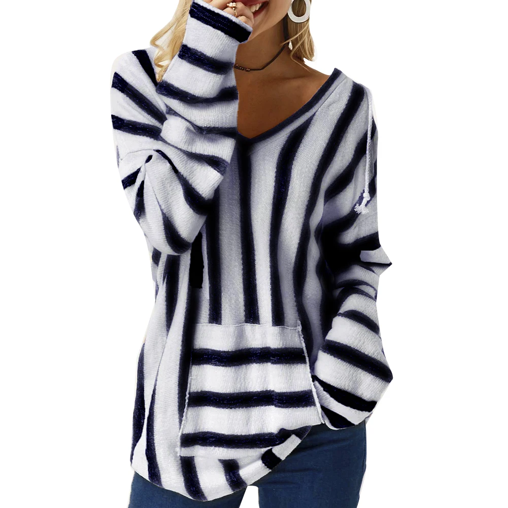2020 Mode i Efteråret og Vinteren, Nye Sweater Damer langærmet Lomme Casual Løs Striber V-hals Skjorte