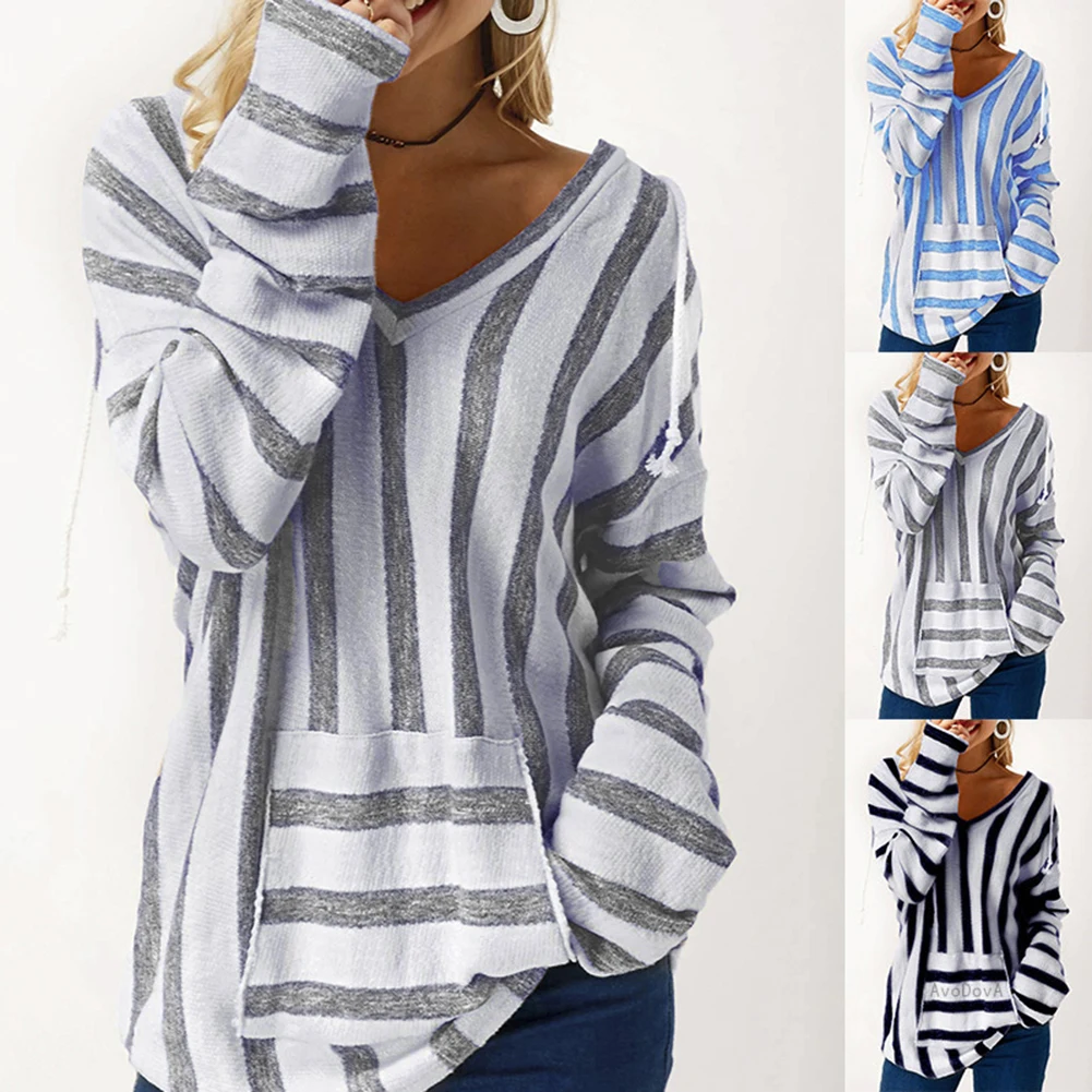 2020 Mode i Efteråret og Vinteren, Nye Sweater Damer langærmet Lomme Casual Løs Striber V-hals Skjorte