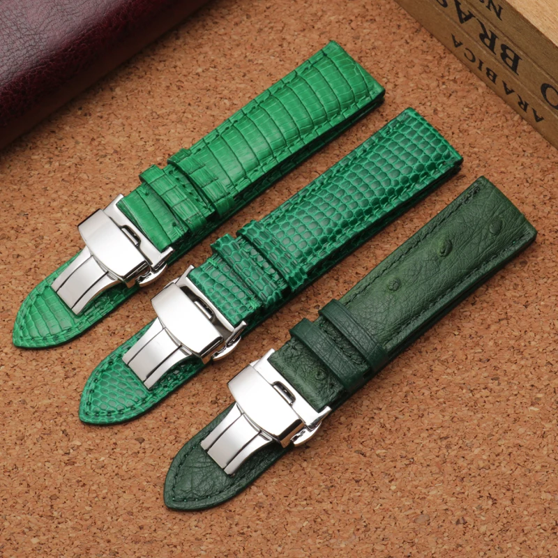 Grøn ægte Læder rem, struds læder lizard læder watchbands med mandlige armbånd 20mm