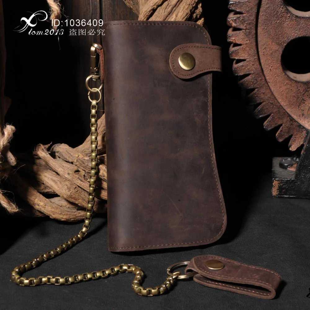 Men's Motorcycle Long Brown Leather Billfold Wallet With Jeans key chain