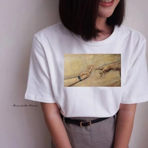 Fashionshow-KHO Michelangelos Adams Skabelse Middler Finger Sommeren Korte Ærmer Trykt T-shirts Shirt Kvinder Sommer T-shirt, Toppe