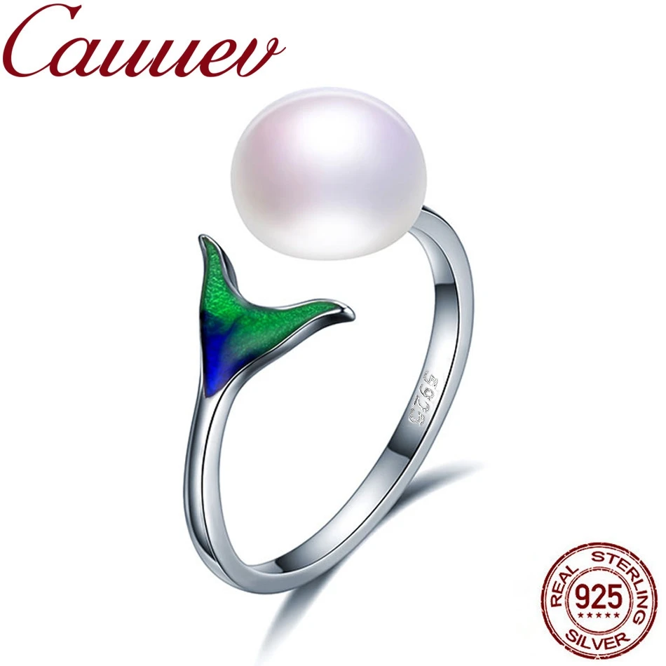 Cauuev Naturlige Ferskvands Perle 925 Sterling Sølv Kvindelige Havfrue Hale Justerbar Finger Ringe til Kvinder Bryllup Smykker S925