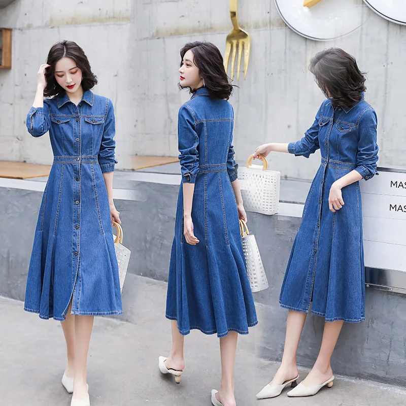 Falder 2020 Kvinder koreanske Lang Denim Kjole Mode Turn-down Krave Lange Ærmer Jean Kjole Damer Sød En Linje Flæser Midi Kjoler