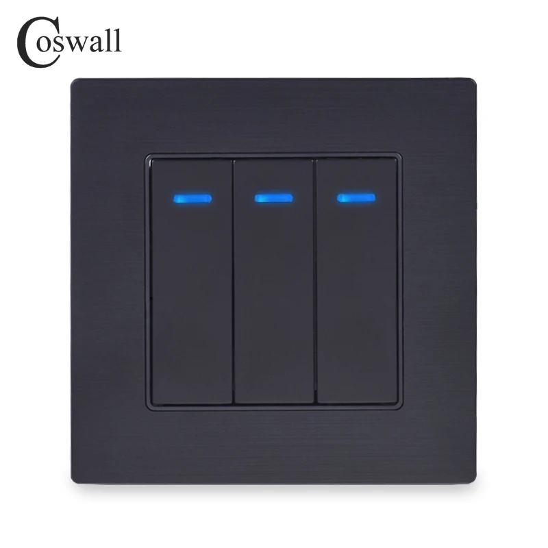 Coswall Luksuriøse Square-Tasten 3 Gang 1 Måde On / Off Wall Light Switch Med LED-Indikator Ridder Sort Aluminium Metal Panel