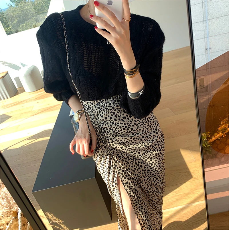 HziriP OL Elegant Høj Talje Split Vintage Mode Leopard Nederdel Nye Efterår Forår Arbejde Slid Sexet Pakke Hip Nederdele til Kvinder