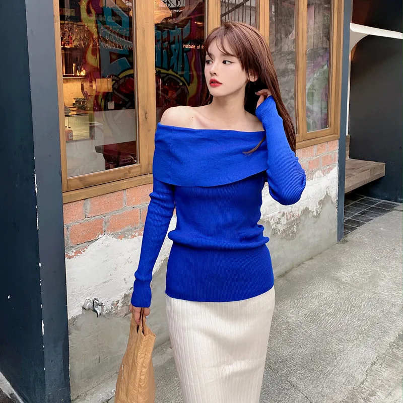 2020 nye Sexet at Strikke Trøjer sweater kvinder Elegant Slash hals efteråret toppe shirt Kvindelige blå sweater High Street
