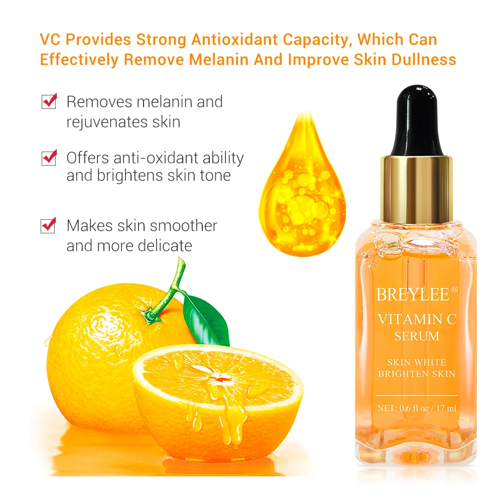BREYLEE Vitamin c Serum Anti-aging Kridtning VC Væsentlige Olie Aktuelle Facial Serum med Hyaluronsyre og Vitamin E Kosmetiske 17ml