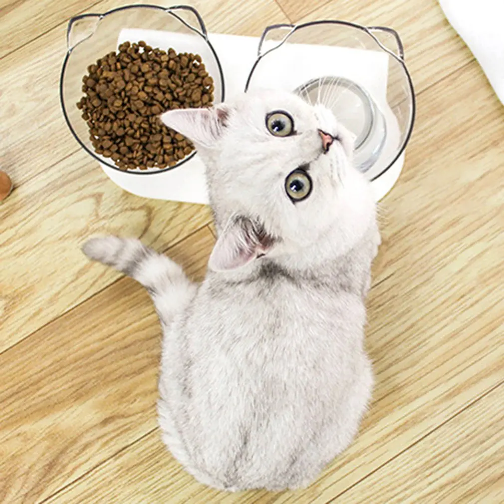 VIP Kat Skåle Med Stå Pet Feeder Dobbelt Diner Mad Skål Sæt Perfekt Til Katte Ultra Lille Skrå Pet-Skål-Gennemsigtig