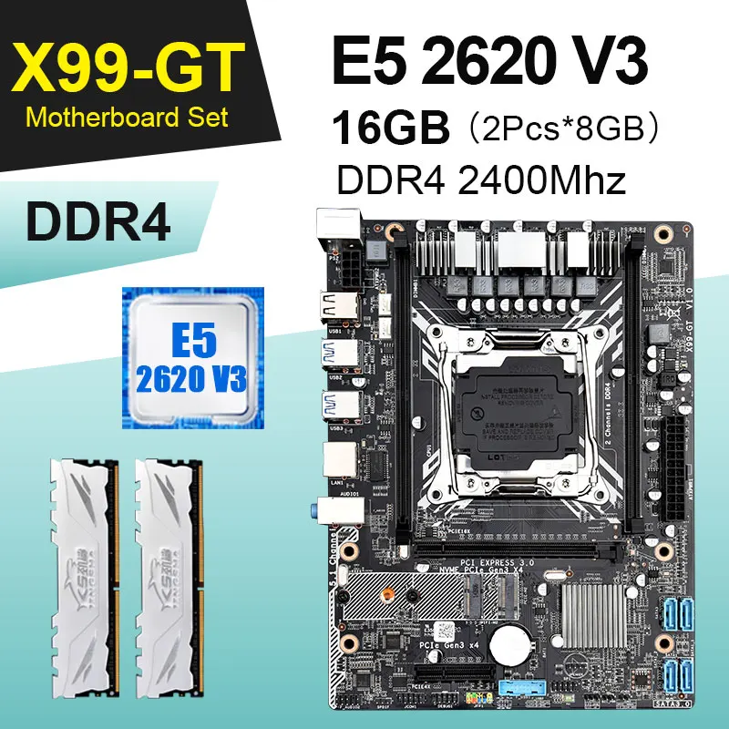 DAIXU X99-GT Combo bundkort X99 Sæt med til E5-2620V3, 16GB = 2*8 GB DDR4 2400MHz RAM