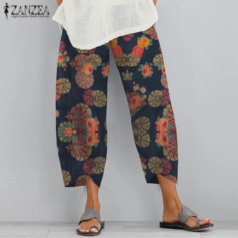 ZANZEA Vintage Blomster Printede Bukser Sommeren Kvinder Bomuld Bukser Harem Bukser med Elastik i Taljen Løs Pantalon Plus Size Bukser