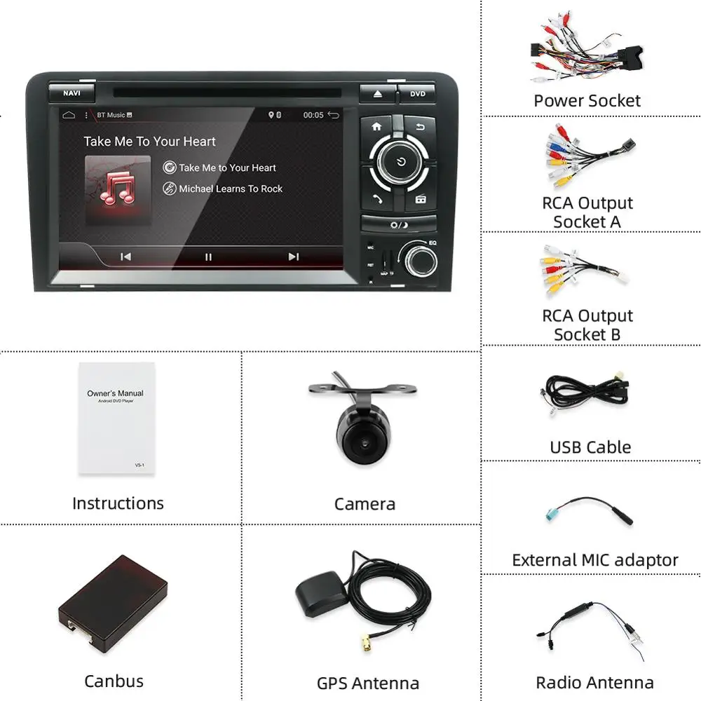 Bosion Android 10 2 Din Bil DVD-Stereo-Passer til Audi A3 (2003-2011) hovedenhed Understøtter GPS/DAB+/WIFI/DVD/USB/SD/Carplay/Bluetooth