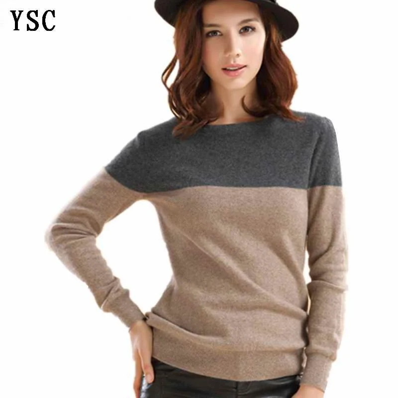 YSC Klassisk stil damerne strikkede cashmere uld trøjer, Grå og camel stikninger Lange ærmer Holde varmen Pullovere Størrelse S-XXXL