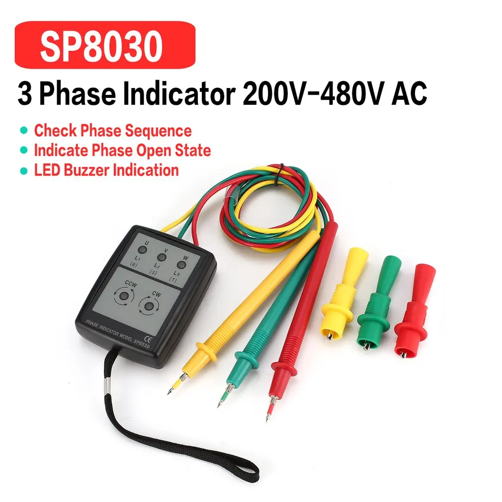 SP8030 3 Fase Rotation Tester Digitale Fase Indikator Detektor LED Buzzer fasefølge Meter Spænding Tester 200V-480V AC