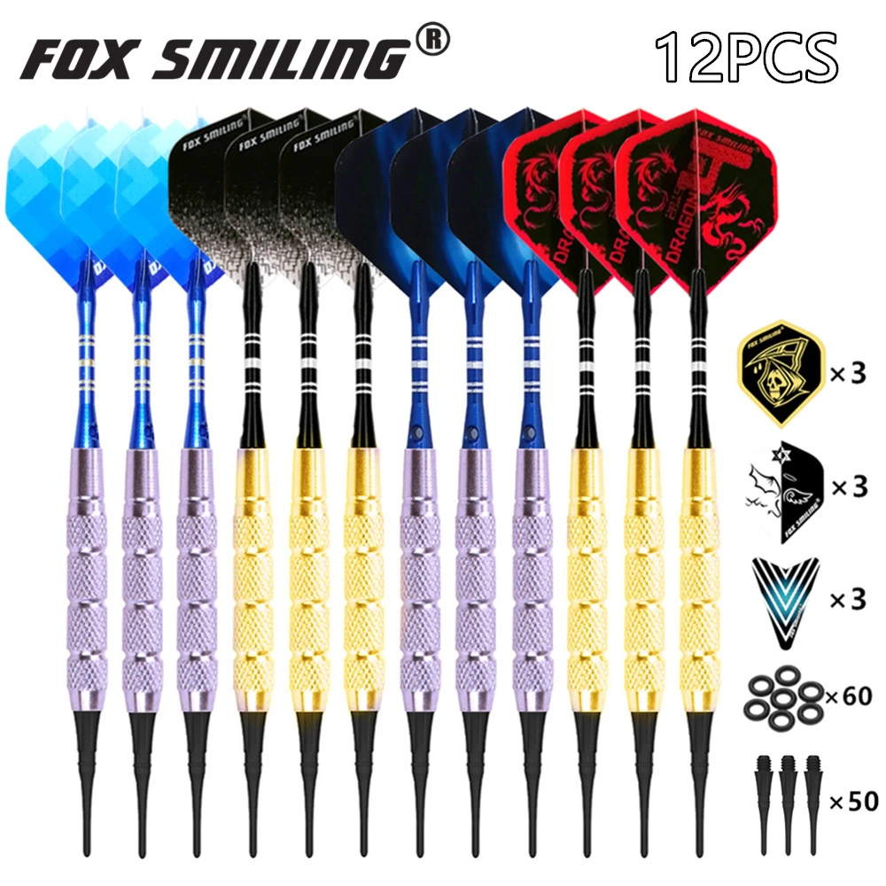Fox Smilende 12PCS 18g Elektronisk Soft Tip Dart Med Aluminium Skaft Med 9PCS Flyvninger，60PCS Gummi O-Ring, 50STK Bløde Tips