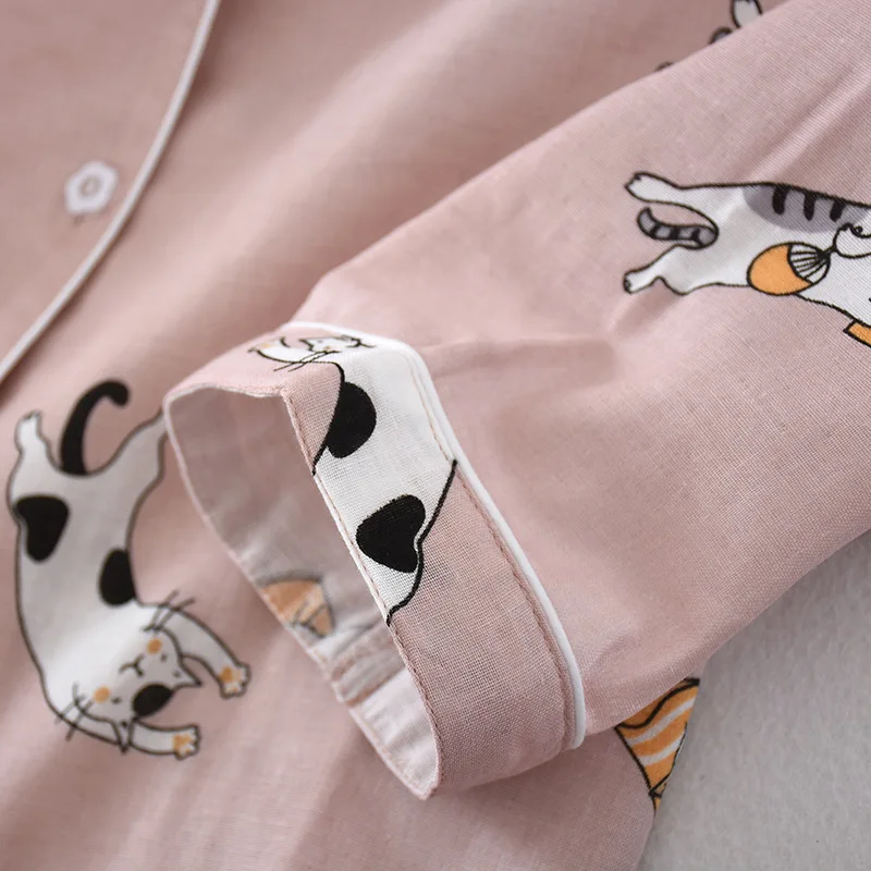 Ny bomuld langærmet kat design damer pyjamas sæt søde tegneserie pyjamas Japansk enkel lang pyjamas kvinder home service