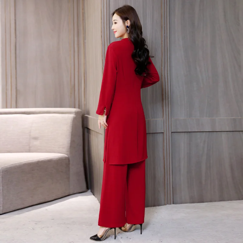 Passer til mode temperament langærmet koreanske version viser tynde Hong Kong bred-benede bukser, to-delt kjole kvindelige efteråret