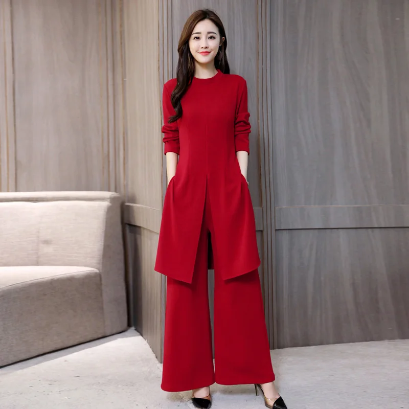Passer til mode temperament langærmet koreanske version viser tynde Hong Kong bred-benede bukser, to-delt kjole kvindelige efteråret