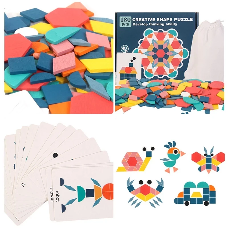 180pcs Træ-3D Puslespil Geometriske Former Tangram Montessori Pædagogisk Læring Legetøj, som Børn Fødselsdag Gaver Gåder Toy